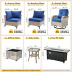 Outdoor Sectional Patio Furniture Set with Fire Pit Table and Swivel Rocking Chairs,11 Pieces Wicker Conversation Sets L Shaped Couch Out Door Sofa Outside Furniture for Garden Deck Yard,Navy Blue