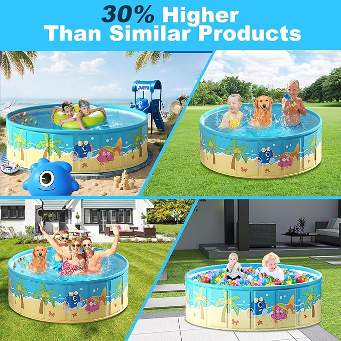 Foldable Swimming Pool for Kids 63"x18" Hard Plastic Portable Dog Pool Anti-Slip Collapsible Pets Bathtub Kiddie Pool Indoor Outdoor Backyard (JellieMons 63'')
