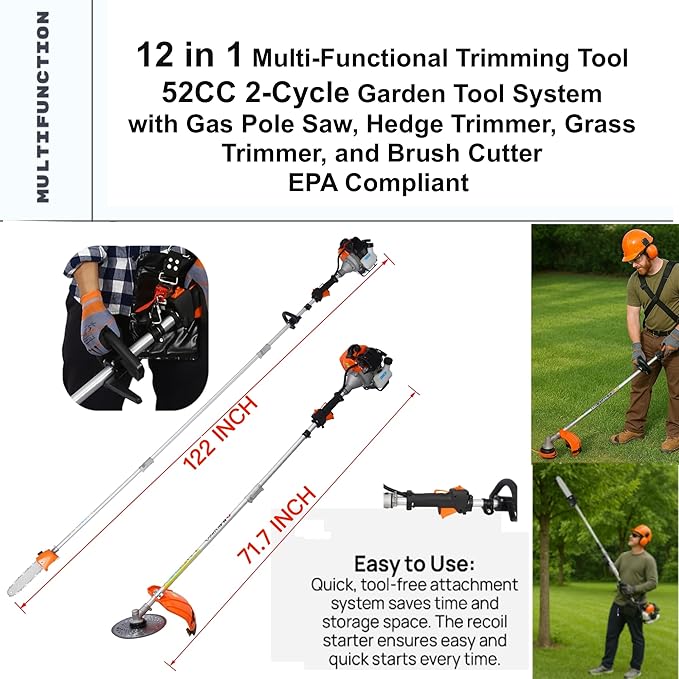 52cc 2-Cycle Gas Multi-Trimmer | 12-in-1 String Trimmer w/Rotatable 40” Pole Saw, Weed Eater Weed Wacker, Brush Cutter & Hedge Trimmer Gas for Lawn, Yard, Garden Care, All-in-one Garden Tool