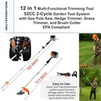 52cc 2-Cycle Gas Multi-Trimmer | 12-in-1 String Trimmer w/Rotatable 40” Pole Saw, Weed Eater Weed Wacker, Brush Cutter & Hedge Trimmer Gas for Lawn, Yard, Garden Care, All-in-one Garden Tool