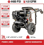 Simpson 4400 PSI Gas Pressure Washer, 4.0 GPM Commercial Power Washer, Cold Water, 50' Hose, PowerShot, 49-State Compliant (PS60843)