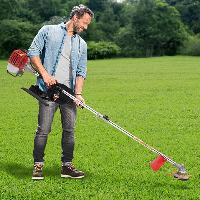 Gas Powered Weed Eater, 26cc 2-Stroke Cordless Lawn Edger Gas String Trimmer with Two Blade Heads, Trimmer Power Gasoline Chainsaw for Home Lawn, Orchard Mowing, Tea Garden Mowing