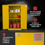 FireKing Yellow Flammable Safety Cabinet, Flammable Liquids Storage Cabinet, 45 Gallon Steel Safety Cabinets with Manual Door for Commercial, Industrial & Home Use, 43" x 18" x 65"