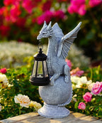 Dragon Statue with Solar Lights Lantern,Outdoor Garden Sculpture Decor for Yard Lawn Balcony Patio Porch,Gardening Gifts for Mom Women Grandma