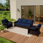 Vista Vibe 3 Pieces Outdoor Patio Conversation Furniture Set - 78" 3-seat Sofa | 2 Wicker Chairs, Deep Seat Loveseat, Removable Cushions, Hand-Woven PE Rattan Couch, Balcony (Brown/Navy)