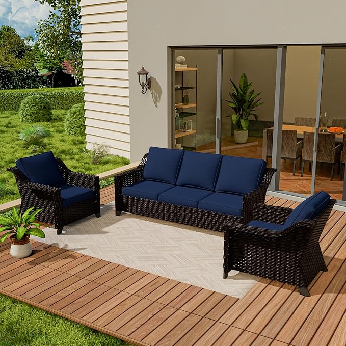 Vista Vibe 3 Pieces Outdoor Patio Conversation Furniture Set - 78" 3-seat Sofa | 2 Wicker Chairs, Deep Seat Loveseat, Removable Cushions, Hand-Woven PE Rattan Couch, Balcony (Brown/Navy)