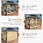 10x12 ft Hardtop Gazebo with Double Roof, Outdoor Heavy Duty Aluminum Gazebo with Netting, All-Weather Protection Metal Canopy for Patio, Garden, Poolside, Poolside (Khaki)
