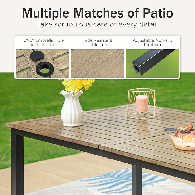 PHI VILLA 7 Pieces Outdoor Dining Set for 6, 65” Wood-Like Metal Steel Dining Table & Stackable Iron Dining Chairs, Large Dining Furniture Set for Patio, Deck, Yard, Porch