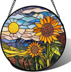 Stained Glass Suncatcher, Sunflower Flowers Landscape Sun Catcher Plant Mountains Stain Glass Window Hanging Decoration Mother's Day Birthday Gifts for Women Men Mom Nana 9.8 in