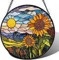 Stained Glass Suncatcher, Sunflower Flowers Landscape Sun Catcher Plant Mountains Stain Glass Window Hanging Decoration Mother's Day Birthday Gifts for Women Men Mom Nana 7.8 in