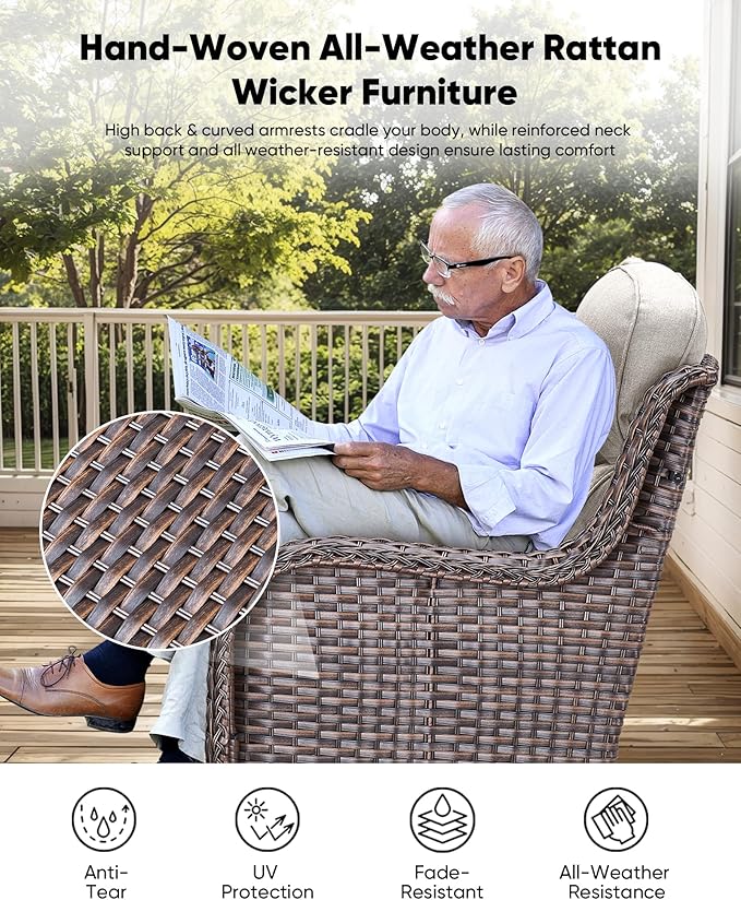 HUMMUH Outdoor Swivel Rocker Wicker Patio Chairs Set of 2, Rattan Rocking Chair Furniture Set (Brown/Beige)