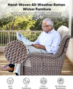 HUMMUH Outdoor Patio Wicker Swivel Rocker Chairs with 6-Inch Thick Cushion High Back 3 PCS Wicker Conversation Set for Porch Balcony Deck