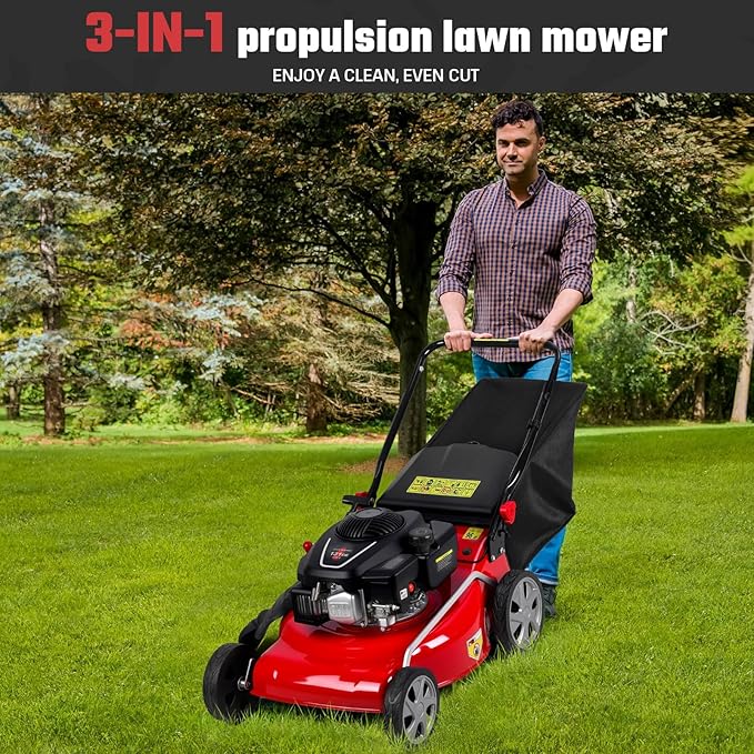 Lawn Mower Gas, Self Propelled 18-Inch 131cc Lawn Mowers & Tractors, 3-in-1 Gas-Powered Lawnmower with 50L Bag, Mulching and Side Discharge, Adjustable Cutting Height, Easy Start for Yards