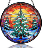 kdqua Christmas Tree Suncatcher Stained Glass Window Hanging, Winter Xmas Tree Sun Catchers Indoor Window Glass Round Wall Decor, Wall Art Hanging Decorations Statues, 7.9x7.9in