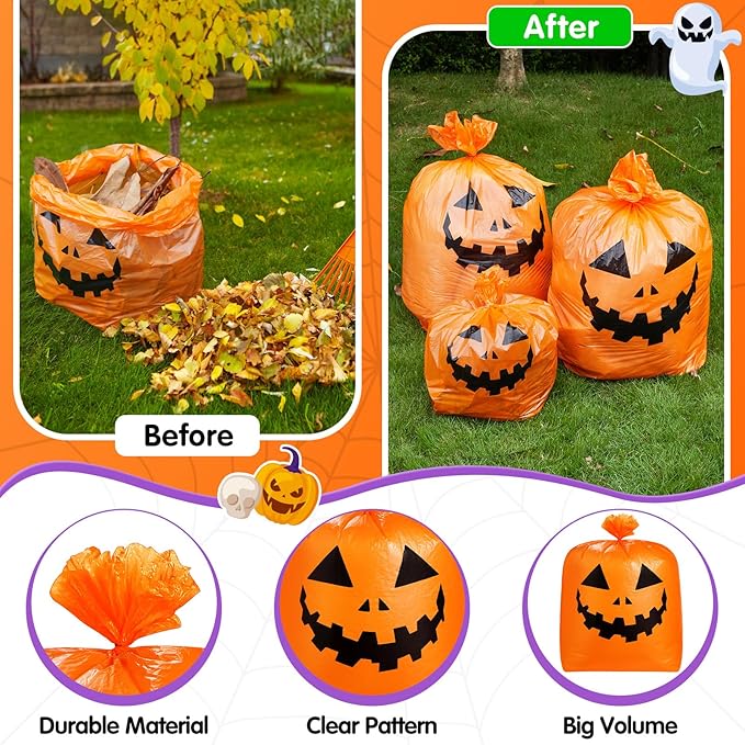 Qilery 24 Pcs Halloween Leaf Lawn Bags Plastic Pumpkin Trash Bags for Leaves with Twist Ties for Halloween Yard Garden Outdoor Party Favors Decorations