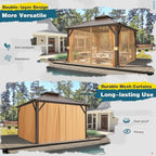 MELLCOM 12'x12' Hardtop Gazebo, Metal Double Roof Aluminum Gazebos with Curtain and Netting,Brown Permanent Galvanized Steel Pavilion for Patio, Lawn & Deck