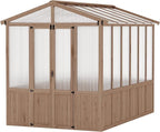 8x10FT Wooden Greenhouse with Cedar Frame, Outdoor Wood Greenhouses with Roof Vent, Wood and Polycarbonate Walk-in Greenhouse