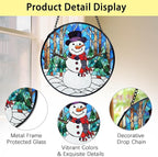 TNUW Snowman Christmas Stained Glass Window Hanging, Rustic Winter Xmas Snowman Sun Catchers Indoor Window Glass Round Wall Art Decor, Christmas Sculptures, Statues, Suncatchers, 7.9＂x7.9＂