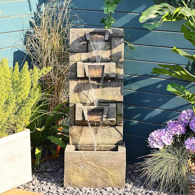 32.2 Inch Outdoor Water Fountain 3-Tiers Garden Waterfall Fountain Outdoor Cascade Water Feature with Lights and Pump for Garden Patio Porch Yard Pool Home Decor, Gift