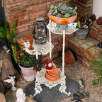 Sungmor Vintage Cast Iron 3-Tier Plant Stand, Elegant Butterfly & Floral Design with Antique White Finish, 28 Inch Tall Rustic Flower Pot Holder, Heavy Duty Metal Display Shelf for Indoor and Outdoor