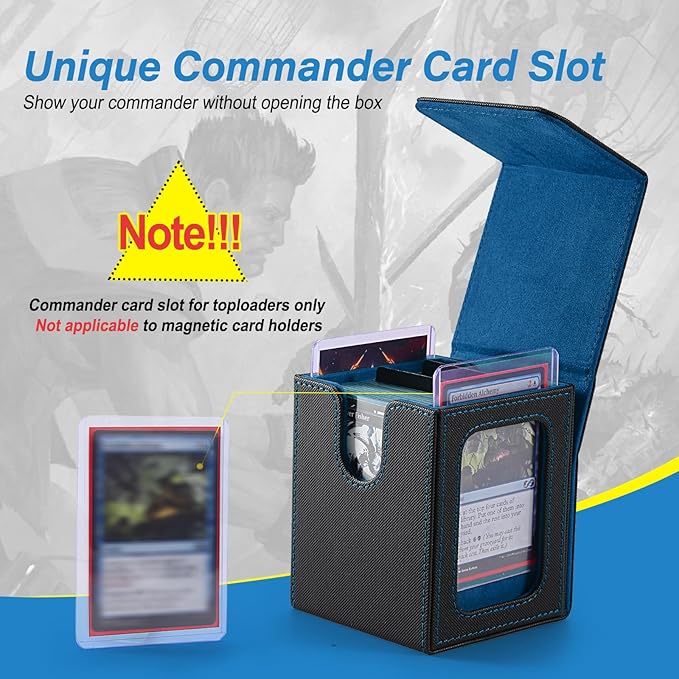 MTG Deck Box, Double Display Window MTG, Commander Deck Box Fits 120+ Single Sleeved Cards, PU Leather Magnetic Closure Card Box with 2 Dividers&2 Toploaders for TCG, CCG, Black/Blue