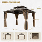 COOS BAY 12x10 Hardtop Gazebo with Aluminum Frame, Galvanized Steel Double Roof Outdoor Pavilion with Netting and Curtains, Dark Brown/Tan
