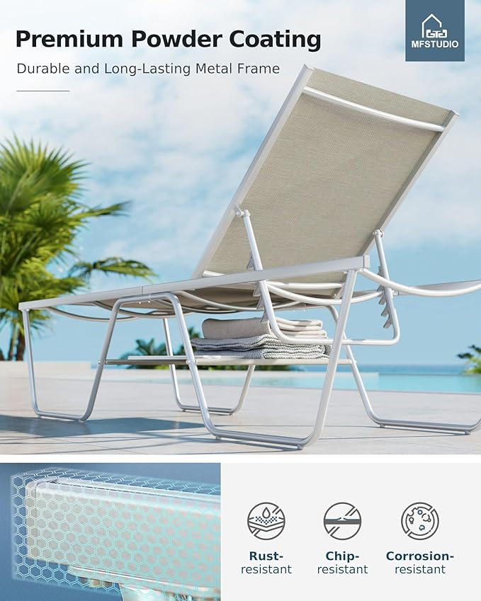 MFSTUDIO Outdoor Chaise Lounge Chairs of 2, Reclining Lounger Chairs with 5 Adjustable Positions, Pool Beach Lounge Chairs, Textilene, Outdoor Lounger Seating Furniture
