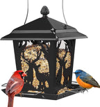 Kingsyard Metal Bird Feeder for Outdoor Hanging - Unique Design Wild Bird Hopper Feeder with 4 Perches and Rainproof Roof, Black