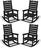 SERWALL Outdoor Rocking Chair Set of 4, Oversized HDPE Patio Rocking Chair with Footrest for Adults, All Weather Porch Rocker for Deck Patio Balcony, Black