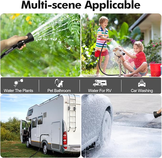 SPECILITE 5/8" Garden Hose 25 ft with High Flow Nozzle, Heavy Duty Flexible Hybrid Rubber Water Hose for Outdoor, Lightweight, Leak-Proof, No-Kink, 3/4"Stainless Steel Fittings,Black