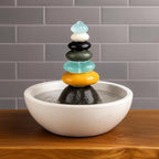 Natural Septuple Rock Cairn Water Fountain with Glass - Indoor Tabletop Water Fountain - Natural Stone & Recycled Glass Water Feature for Home and Office Decor