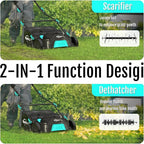 15Amp Lawn Dethatcher with 5-Position Depth Adjustment, 16-Inch 2-in-1 Dethatcher & Scarifier, 12-Gallon Collection Bag, Foldable Design for Easy Storage, Ideal for Lawn Care