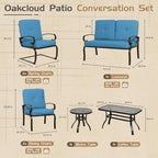 7-Piece Outdoor Metal Furniture Sets Patio Conversation Set, Wrought Iron Loveseat, 2 Dining Chairs, 2 Spring Chairs and Coffee Table, Peacock Blue