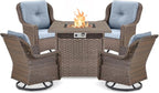 Outdoor Patio Swivel Gliders with Fire Pit Table 5 Piece Set - High Back Brown Wicker Rattan Rocking Chair with Thick Cushion for Porch Apartment Deck Yard Poolside Garden - Baby Blue