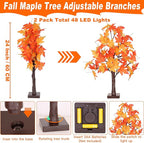 2 Pack 24 Inch Artificial Lighted Fall Maple Tree Thanksgiving Decorations with 48 LEDs Battery Operated Timer Prelit Acorn Maple Tree Lights for Thanksgiving Table Decor Home Indoor Autumn Harvest