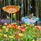 2 Pack Bird Bath for Outside, 31.3" H Metal Birdbaths, 10.63" Dia Garden Flower Bird Water Bowl, Freestanding Hummingbird Bath for Outdoors Garden Patio Yard Decor (Blue,Yellow)