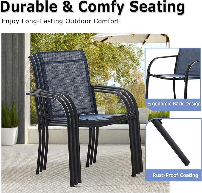 Patio Chairs Set of 4, Outdoor Dining Chairs with Breathable Textilene Fabric, Stackable Patio Chairs for Lawn, Garden, Backyard, Poolside, Dark Blue