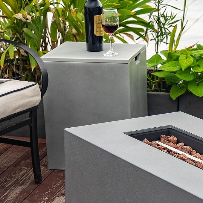 Propane Tank Cover Table for Fire Pits, 20 LB Metal Propane Tank Holder with Side Handles, Outdoor Tank Storage Side Table for Patio, Gas Griddle, Gray