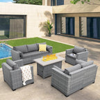 5 Piece Wicker Patio Furniture Sets Outdoor Conversation Set, PE Rattan Sectional Sofa Couch with 45" Fire Pit Table and Non-Slip Grey Cushions, Furniture Covers Included