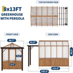 8x13FT Greenhouse Kit with Pergola, Wooden Greenhouse with Cedar Frame, Outdoor Wood Greenhouses with Roof Vent, Wood and Polycarbonate Walk-in Greenhouses