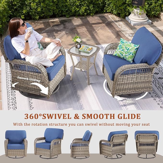 Patio Furniture Sets, 6 Pieces Wicker Outdoor Furniture with Patio Sidetables - 360 Degree Swivel Rocking Chairs and Rattan Side Table for Garden, Porch, Backyard, Blue/Gray Wicker