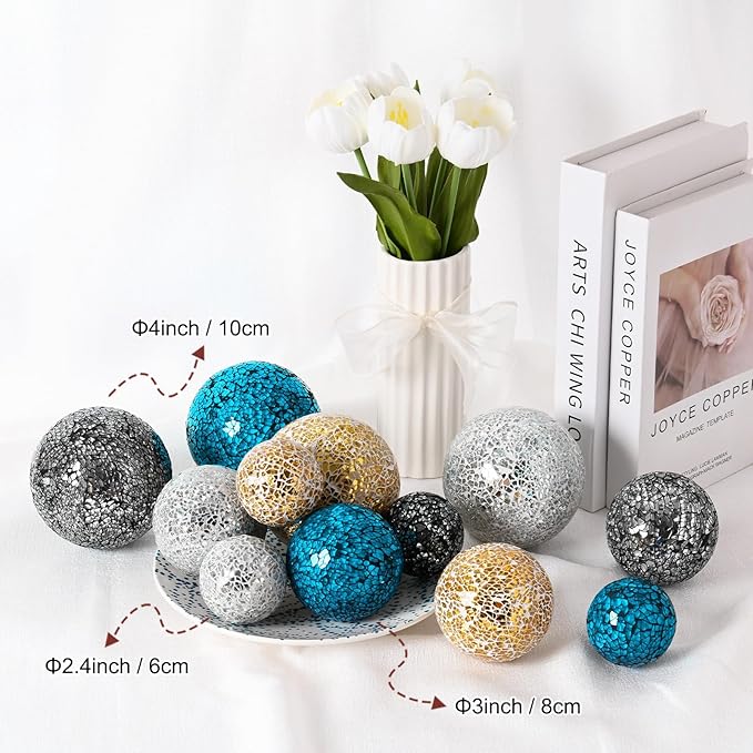 Decorative Ball for Bowls, 3 Inch Mosaic Glass Balls Decorative Glass Orbs for Home Decor/Dining Tables/Wedding Party/Coffee Table/Centerpiece Decor [Silver]