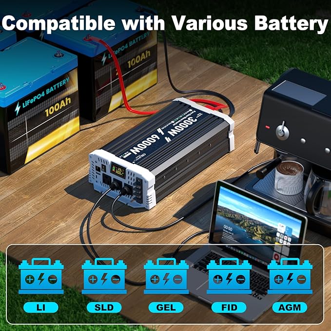 3000 watt Pure sine Wave Inverter, 24V DC to 110V AC Power Inverter, Used for Solar Emergency Power Supply in RV Homes, with 3 AC Output sockets, USB Port, Type-C Port, Remote Control with LCD Screen