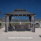 PURPLE LEAF 10'x12' Hardtop Gazebo with Lights UV-Protected Aluminum Double Roof Galvanized Steel Frame Outdoor Patio Gazebo Including Netting and Curtains for Deck Garden Backyard Grey