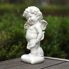 Garden Cupid Angel Statue with Pink Roses, White Cherub Figurine, Outdoor Indoor Decorative Sculpture