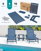 SERWALL Patio Chaise Lounge Chair Set of 4, 5 Positions Adjustable Poly Outdoor Lounge Chair for Pool, HDPE Lounge Chair with Rolling Wheels & Cup Holder for Poolside, Deck, Blue