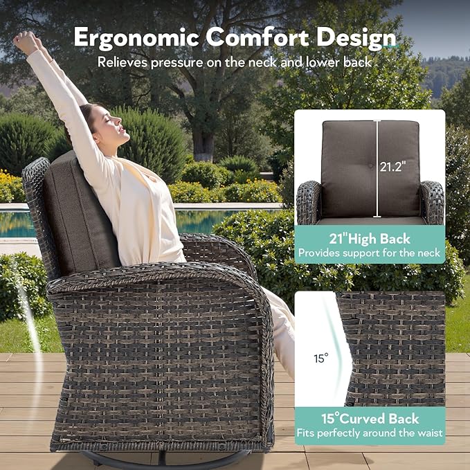 7 Piece Patio Furniture Set - Wicker Patio Conversation Set with Swivel Glider, Glider Loveseat, Tempered Glass Side Table and 2 Ottomans for Deck Backyard - Brown Wicker Grey Cushion