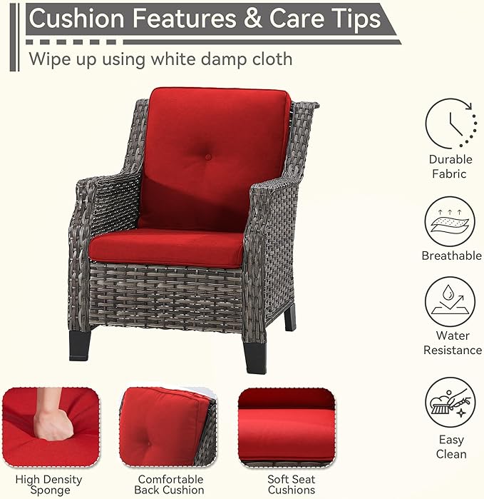Patio Furniture Set 3 Pieces-Patio Chairs Set of 2 and A Side Table with Thick Cushions and All-Weather PE Wicker for Garden, Patio and Porch, Red