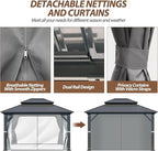 10 X 12ft Hardtop Gazebo, Galvanized Steel Double Roof Gazebo with Nettings and Curtains, Outdoor Aluminum FrameVertical Stripes Roof Permanent Pavilion for Patio, Backyard, Lawns