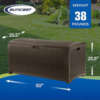 Suncast 99 Gallon Plastic Wicker Deck Box Container Storage for Garden, Garage, Home, Pool, Indoor and Outdoor Use, Mocha (2 Pack)